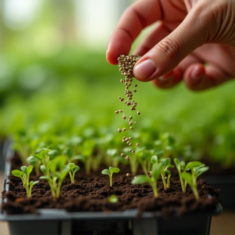 A hand sprinkling seeds into a microgreen growing tray.