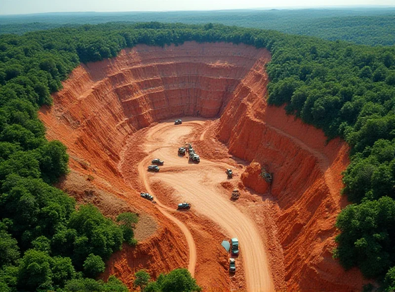 Aerial view of a copper mine in the Amazon rainforest, showing excavation and processing facilities