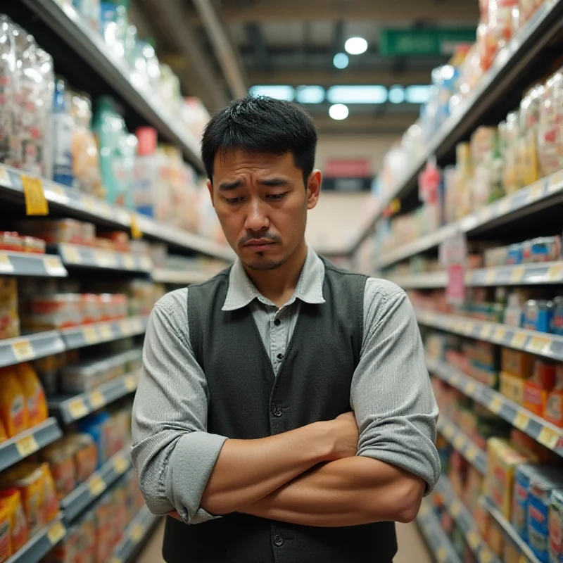 Worried shopper in a Japanese market