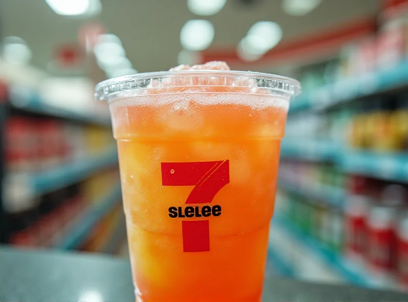 Close-up of a brightly colored Slurpee drink in a 7-Eleven cup with visible ice crystals and condensation, set against a blurred 7-Eleven store background.