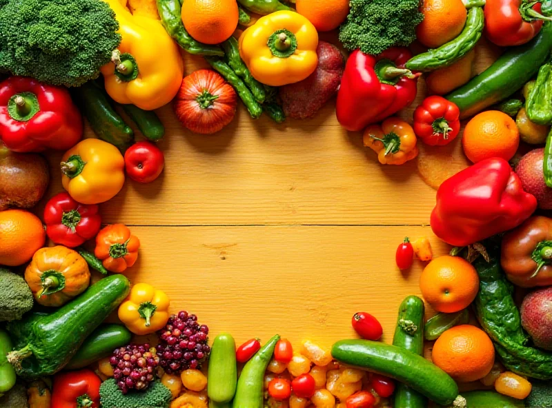 A vibrant and colorful flat lay of various fresh fruits and vegetables arranged artfully on a wooden surface. The image emphasizes the abundance and variety of healthy food options available.