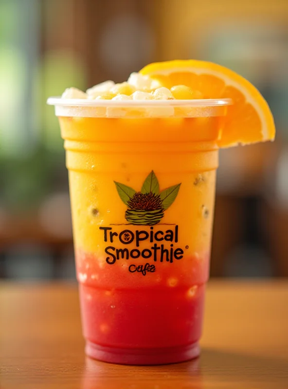 A close-up shot of a colorful Tropical Smoothie Cafe smoothie, garnished with a slice of fruit. The smoothie is in a clear plastic cup, showcasing its vibrant layers and fresh ingredients. The background is softly blurred, suggesting a cafe setting.