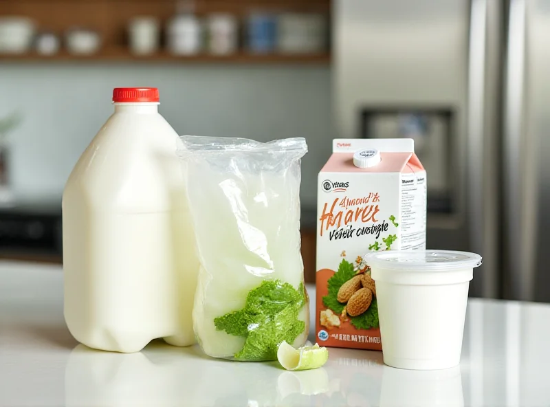 Assorted groceries including milk, almond milk, and romaine lettuce on a kitchen counter