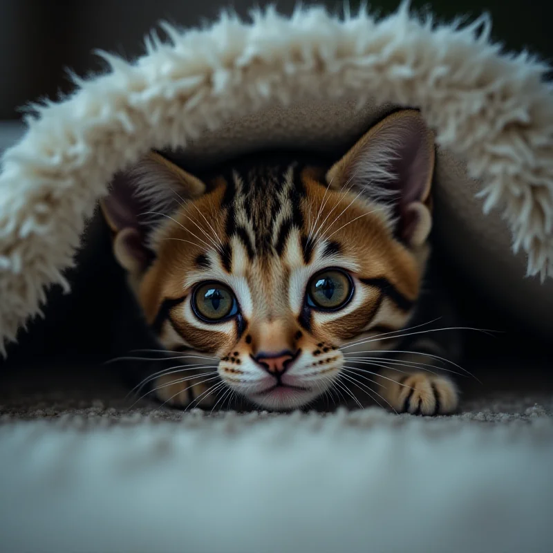 A cute kitten hiding under a blanket, looking scared and anxious.