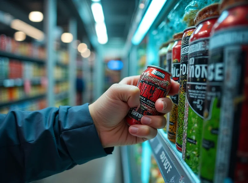 A person reaching for an energy drink in a convenience store refrigerator.