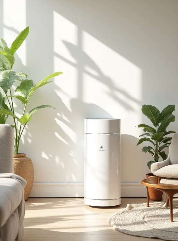 An AirDoctor air purifier sitting in a modern living room.