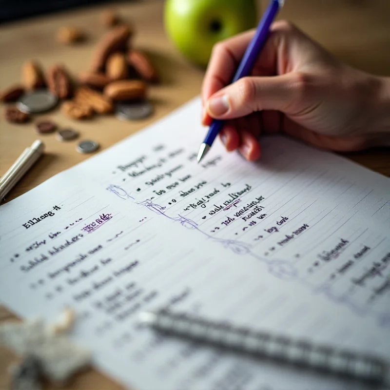 A person writing in a budget planner, surrounded by coins and healthy food items.