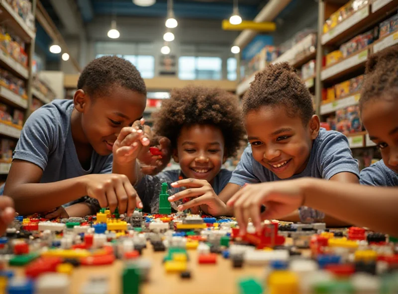 A group of children happily building LEGOs at a LEGO store event.