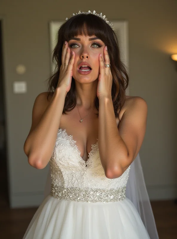 A bride looking distressed and overwhelmed in her wedding dress.