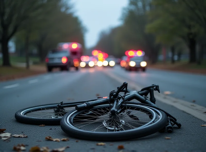 A somber scene depicting a bicycle lying on the side of a road with blurred emergency vehicles in the background.