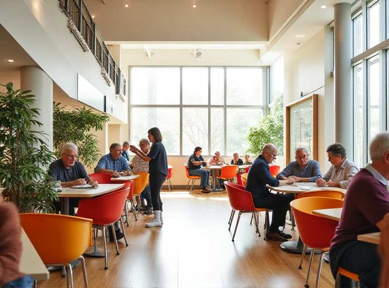 A brightly lit, modern community center interior with tables, chairs, and people engaging in various activities.