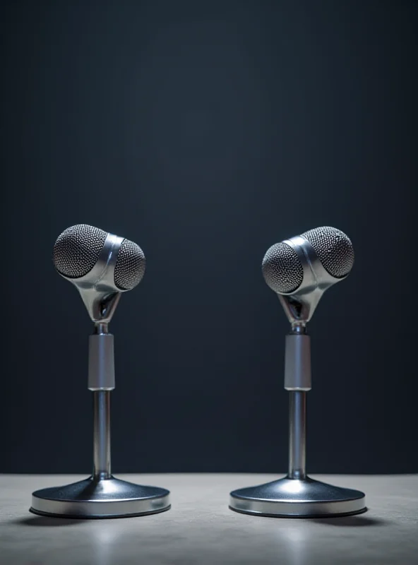 Two microphones facing each other on a stage, symbolizing a public debate.