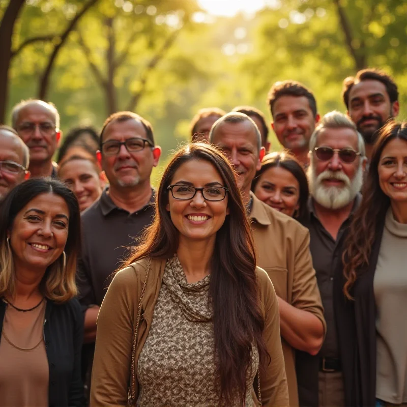 A diverse group of people standing together, symbolizing unity and understanding across different cultures and religions.