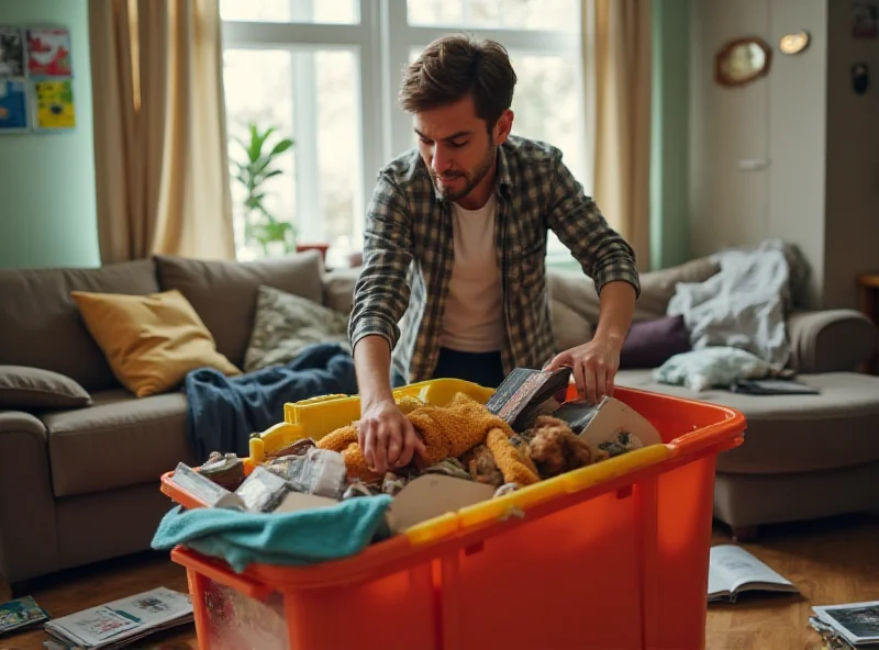 A person hurriedly tossing items into a large bin in a cluttered living room.