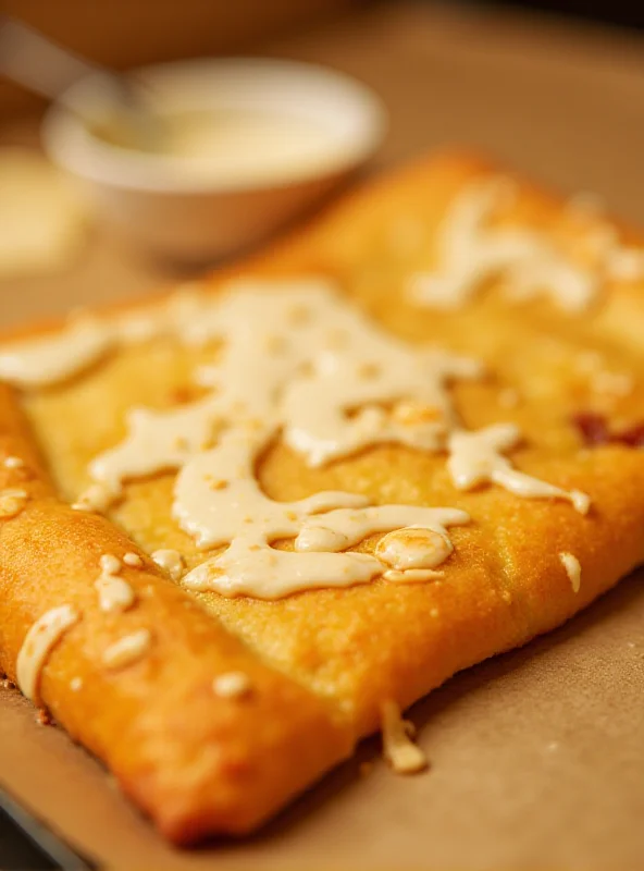 A close-up shot of a pastry brushed with sour cream, ready for baking.