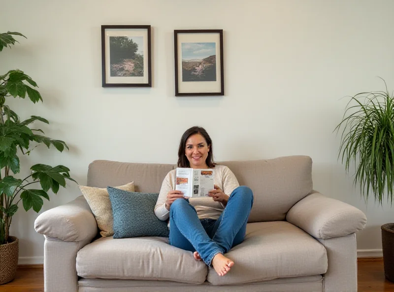 A person happily relaxing in a clean, organized, and well-lit home, suggesting a sense of accomplishment and peace of mind.