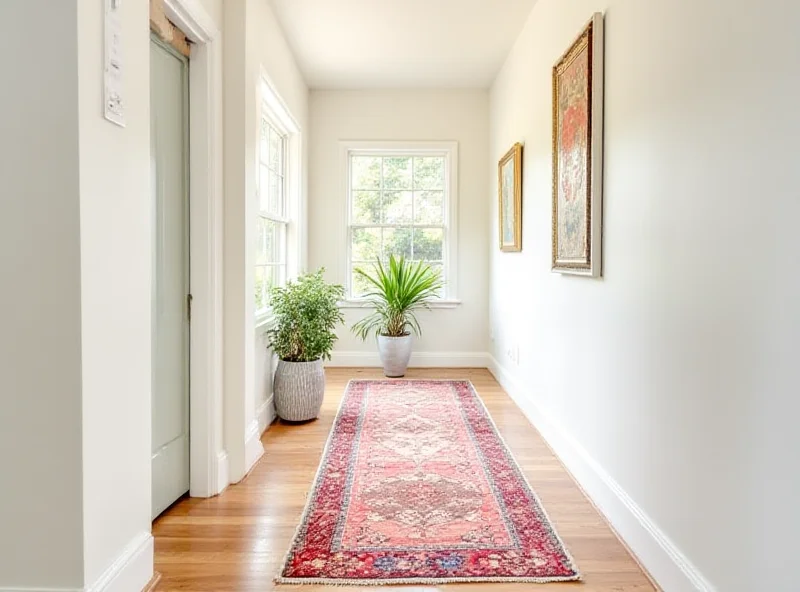 A long hallway with a colorful rug runner, plants and artwork on the walls.