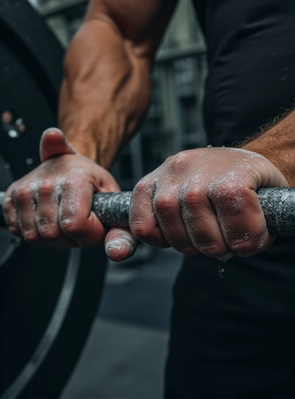 Close-up of hands using hook grip on a barbell