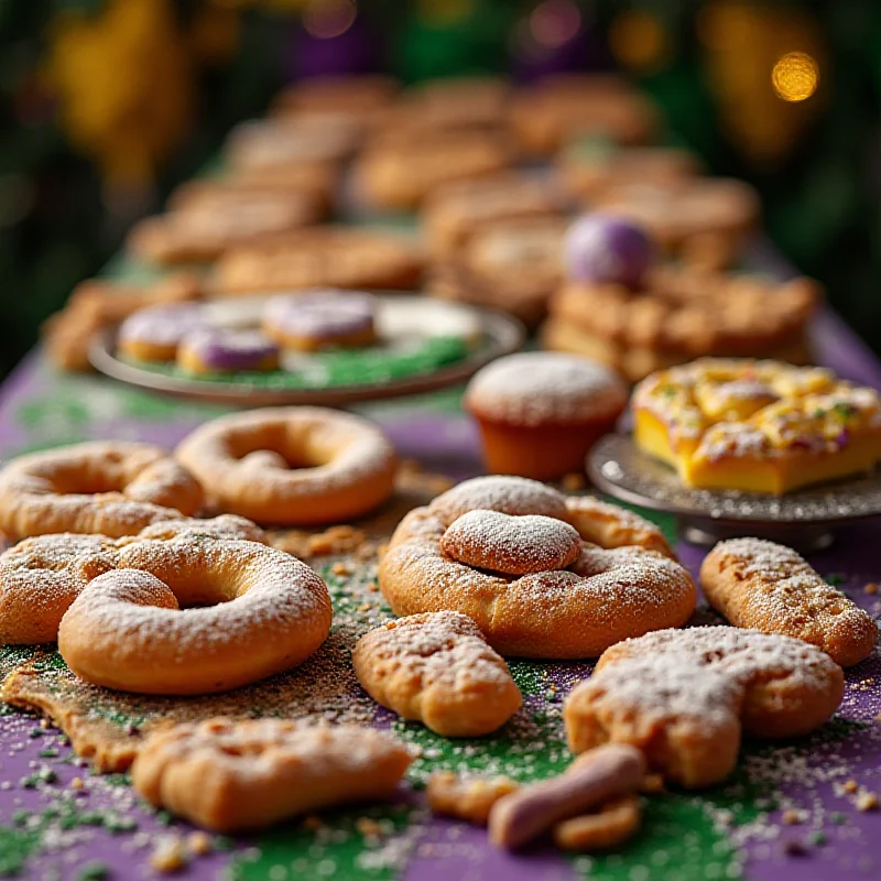 Selection of colorful Mardi Gras desserts displayed on a table