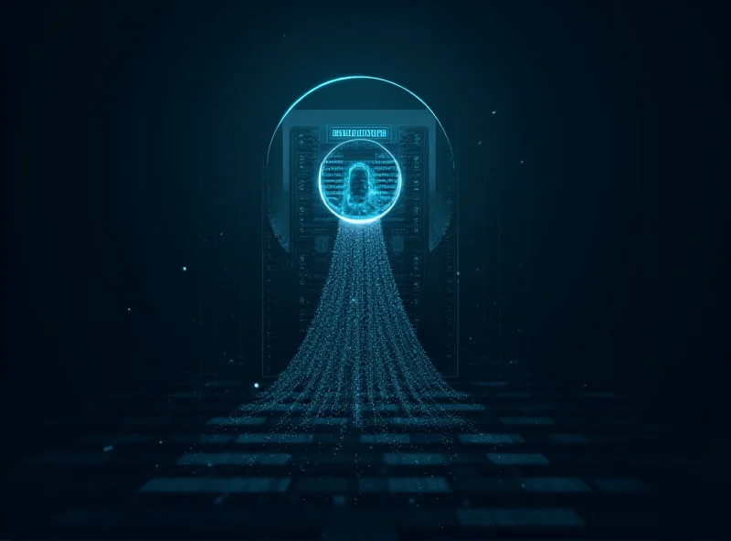 A digital representation of data flowing and leaking from a server, with a magnifying glass highlighting the vulnerability.