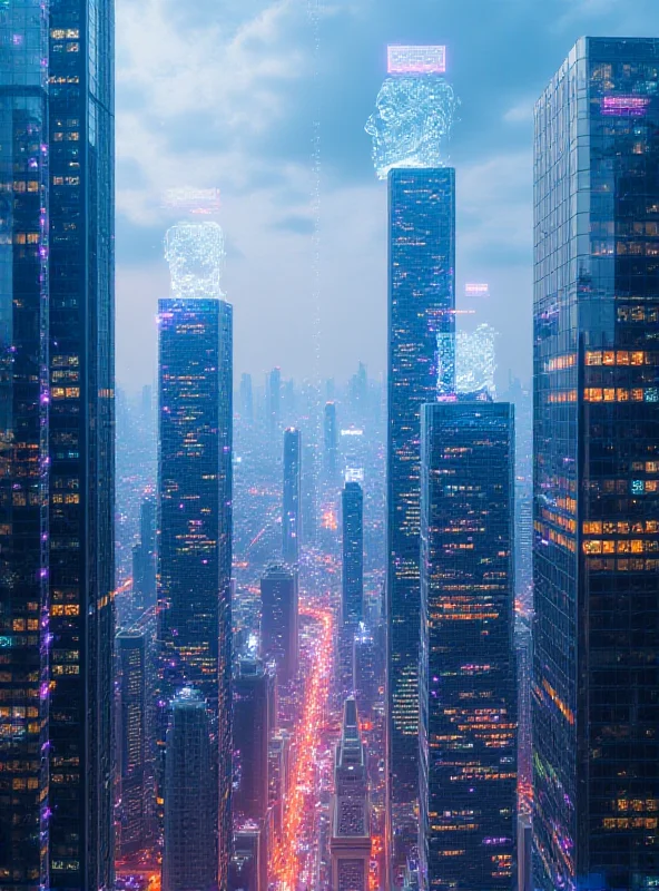 A futuristic cityscape in China, with skyscrapers and digital AI overlays, symbolizing China's advancements in AI technology.