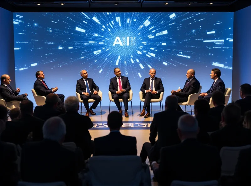 A panel discussion at a global AI summit in Paris, with world leaders and tech executives engaging in a conversation about the future of artificial intelligence.