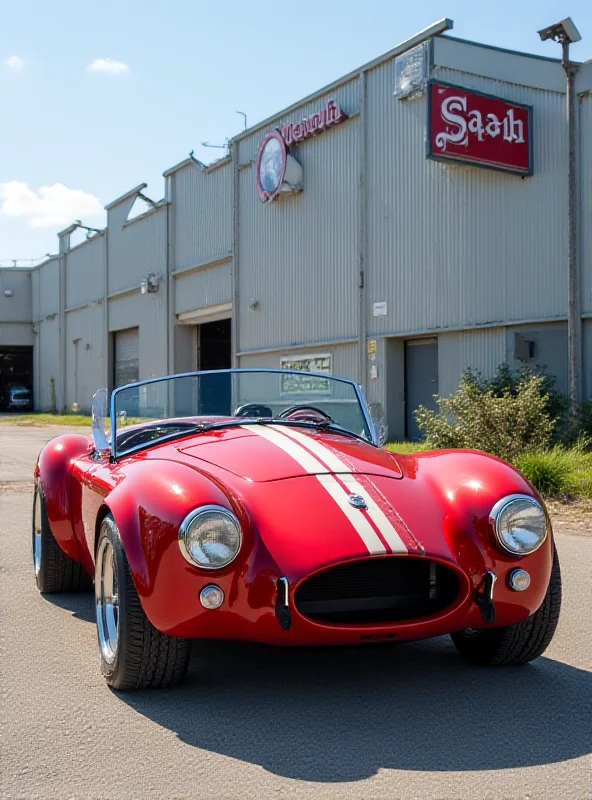 A classic AC Cobra sports car parked outside the former Saab factory, blending automotive history with a modern industrial setting.