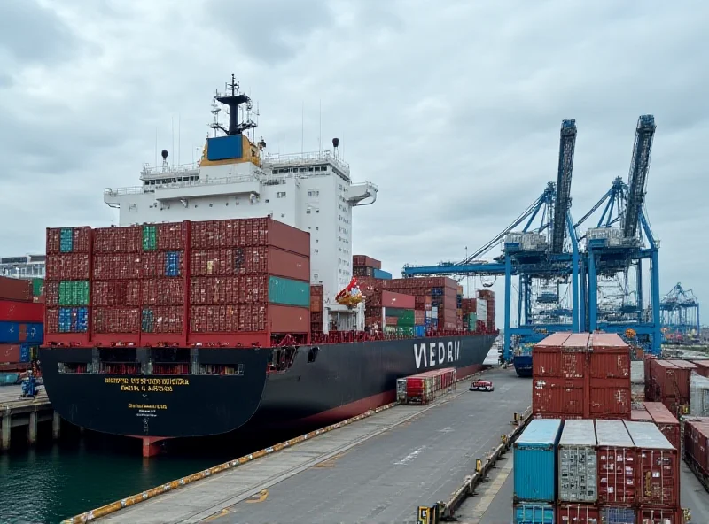 A cargo ship unloading goods at a port in Ukraine, with Azerbaijani flags visible