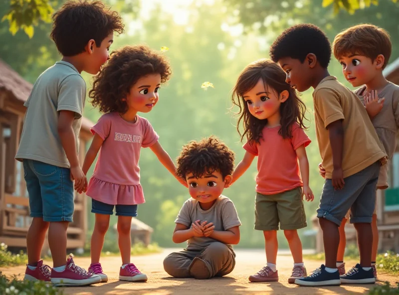 A diverse group of children looking concerned and helping a child who is being bullied.