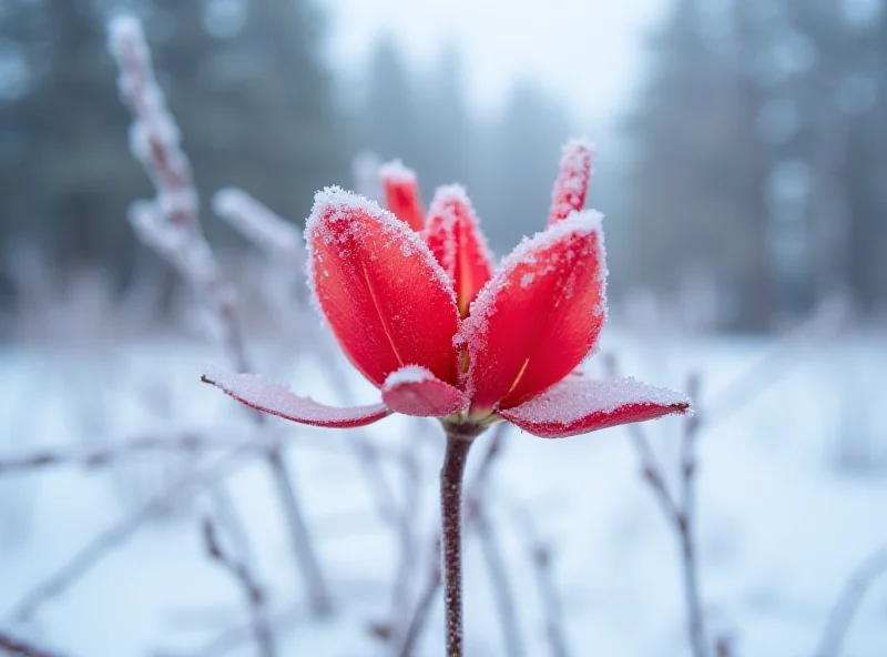 A blooming flower covered in frost and snow in a winter landscape.