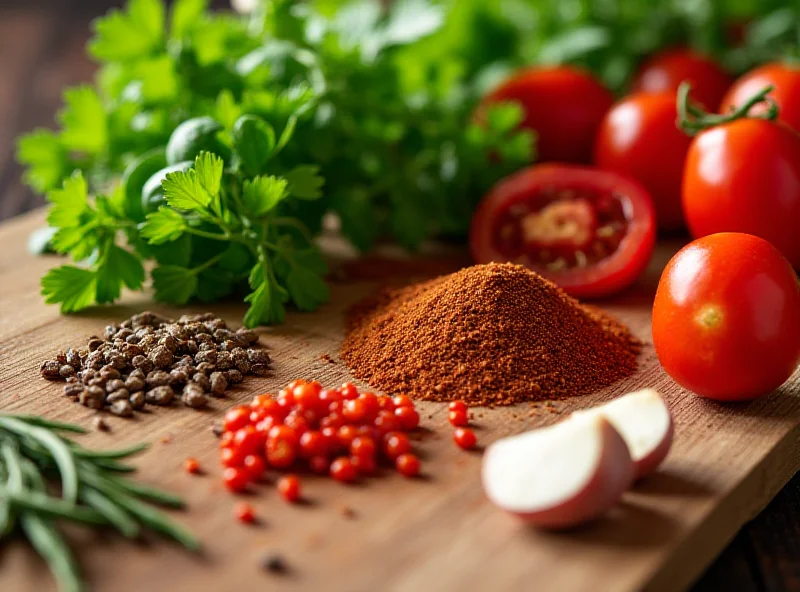 Close-up shot of various colorful ingredients arranged for cooking, including fresh herbs, spices, and vegetables.