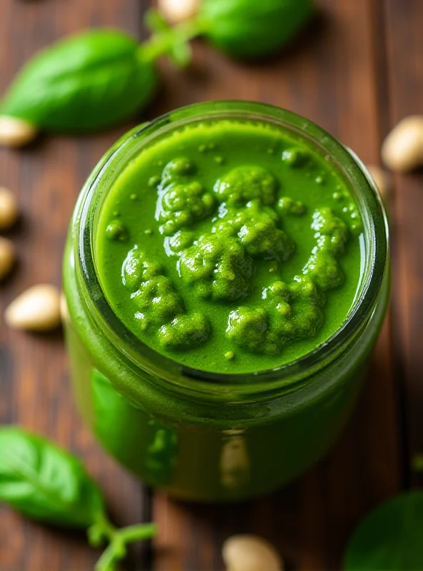 Overhead shot of a vibrant green pesto sauce in a glass jar, with fresh basil leaves and pine nuts scattered around it.