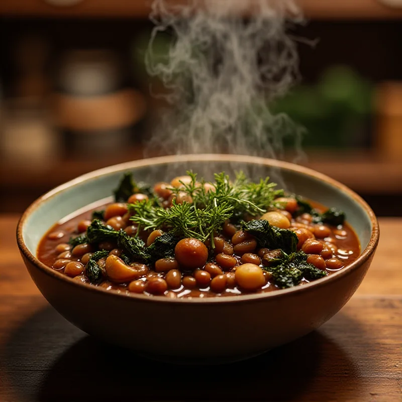 Steaming bowl of lentil stew with visible chestnuts and dark green kale, garnished with fresh herbs and a drizzle of olive oil.