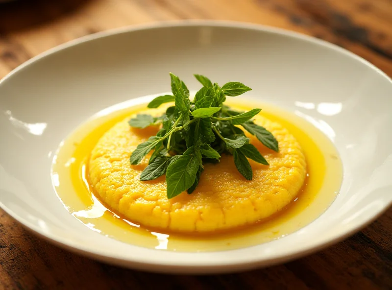 A beautifully arranged plate of polenta with lemon and arugula, drizzled with olive oil.