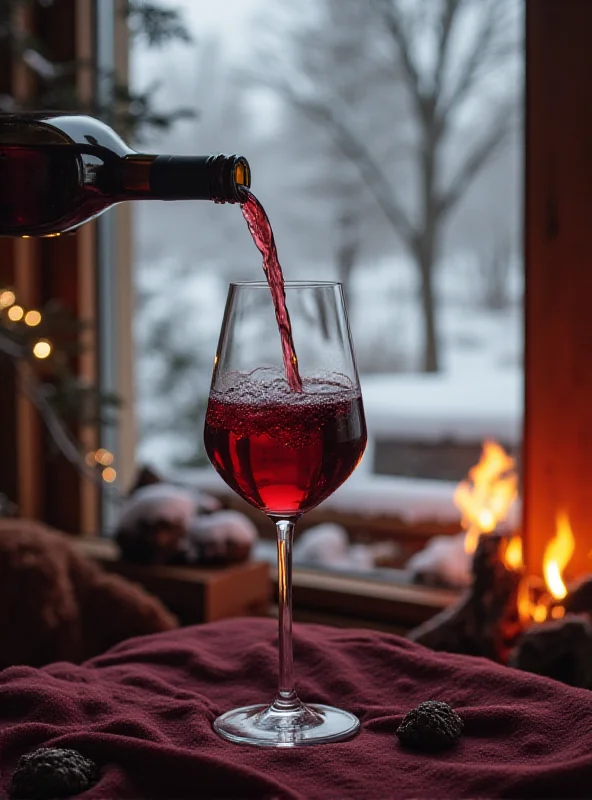 A glass of red wine being poured in front of a cozy fireplace with winter scenery outside.