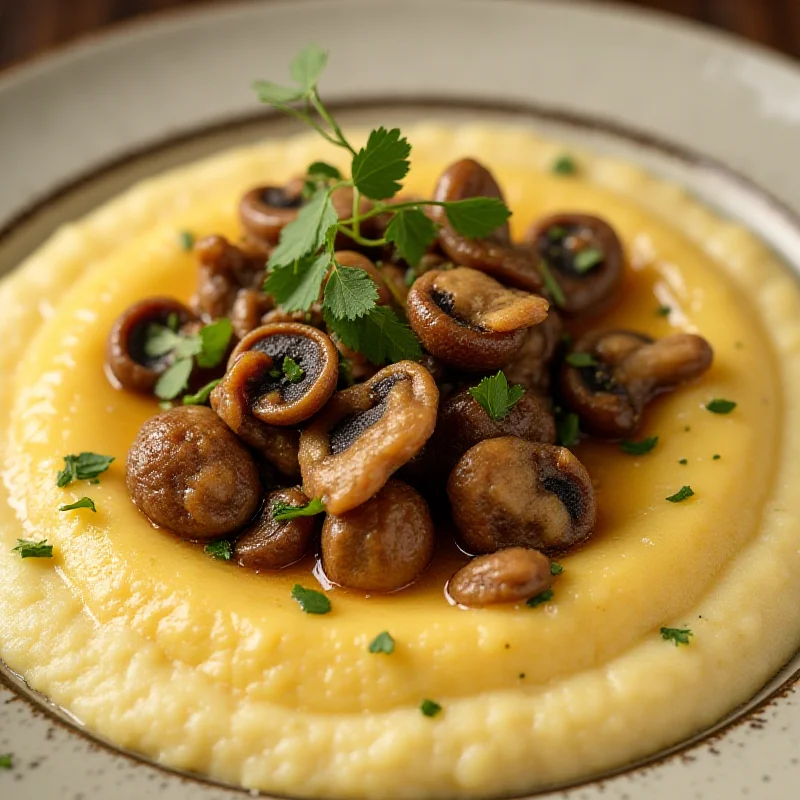 A close-up shot of mushroom fricando served over a bed of creamy cauliflower puree, garnished with fresh herbs.