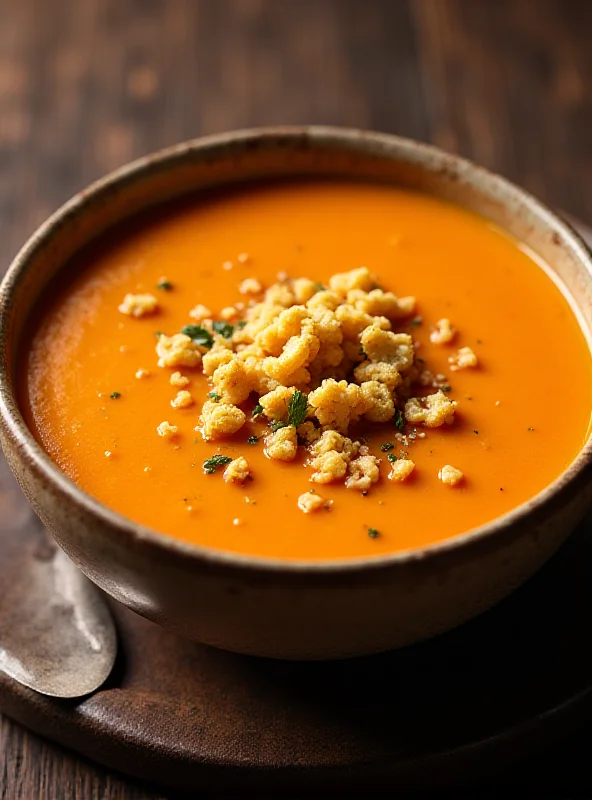 Bowl of sweet potato soup topped with roasted cauliflower crumbles and herbs.