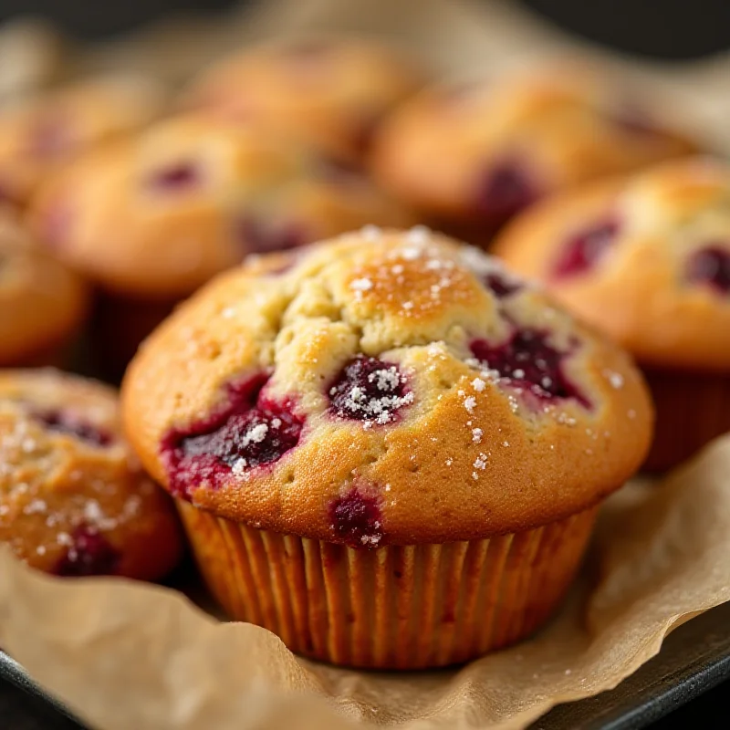 Close-up of mixed berry muffins with a sugary topping.