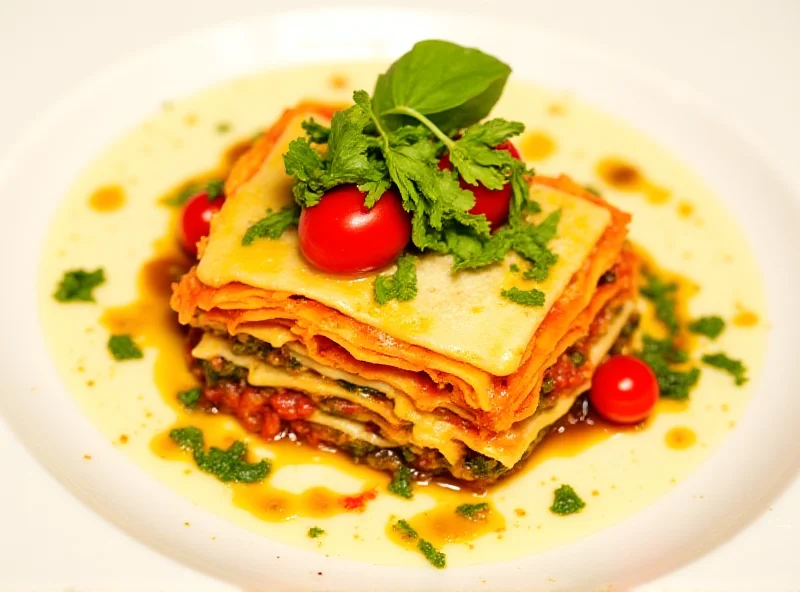 A beautifully arranged plate of vegetable lasagna with a vibrant green salad.