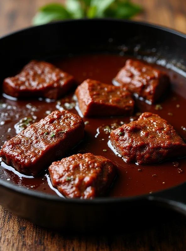 Close-up of tender Iberian pork cheeks simmering in a rich, dark sauce.