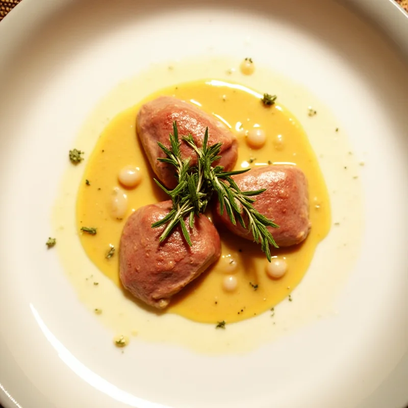 Overhead shot of a beautifully plated dish of Iberian pork cheeks with onion and apple sauce, garnished with fresh herbs.