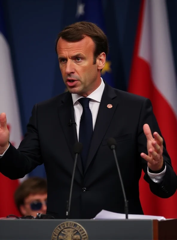 Macron speaking at a podium with Poland and Denmark flags in the background.