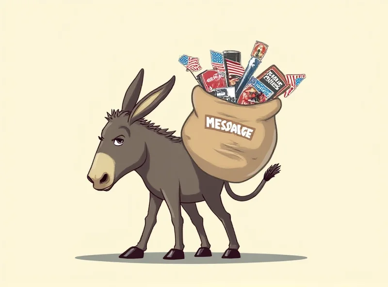 Illustration of a Democratic donkey struggling to carry a heavy bag labeled 'Messaging'.