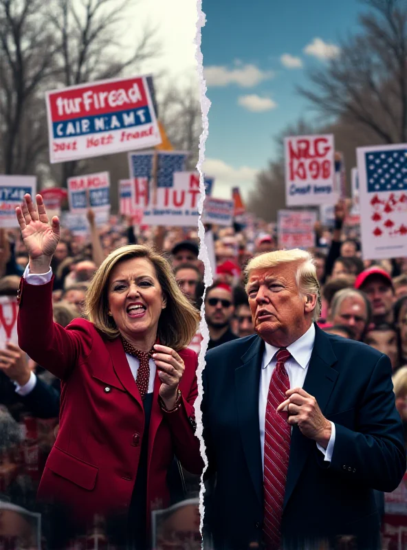 A split screen image showing a Democratic rally on one side and a Republican rally on the other, symbolizing the political divide.