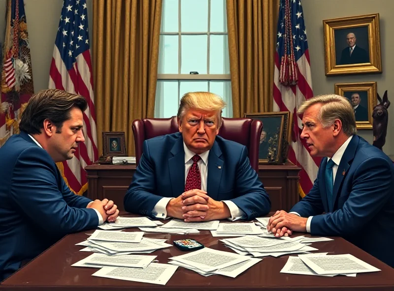 Illustration of a tense meeting between Zelensky, Vance, and Trump in the Oval Office, with documents scattered on the table.