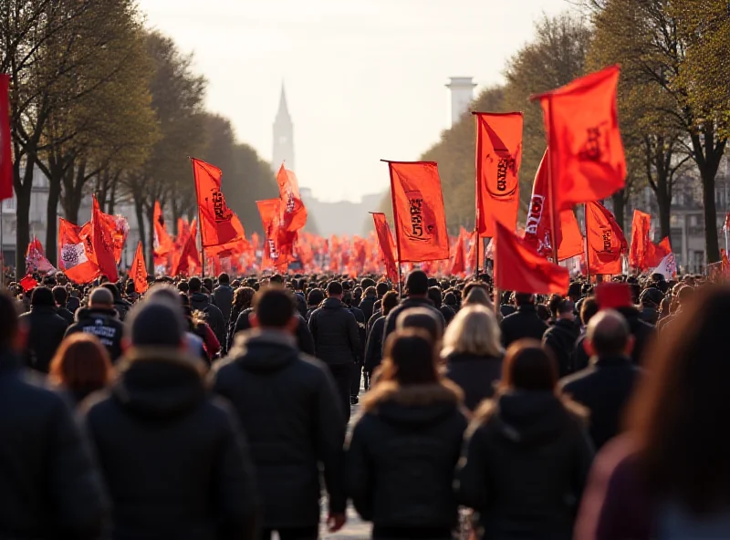 A bustling street scene in Paris, France, depicting a large-scale protest march with CGT banners prominently displayed, conveying a sense of collective action and determination.