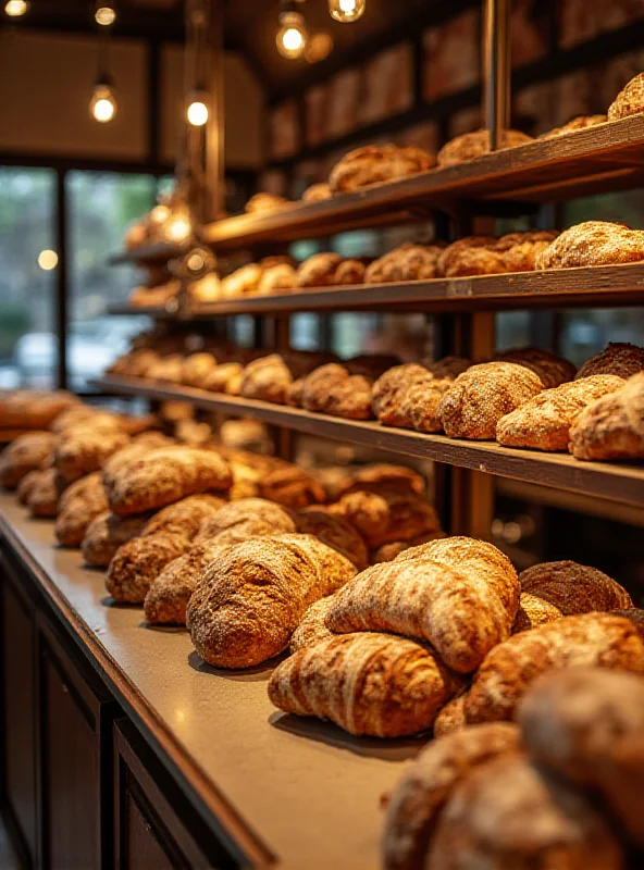 A modern bakery with shelves full of sourdough bread, croissants, and other pastries. Customers are browsing the selection.