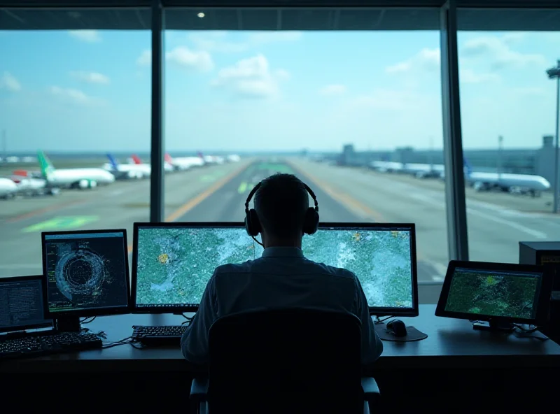 An air traffic controller in a control tower, looking intently at radar screens. The background shows a busy airport runway.