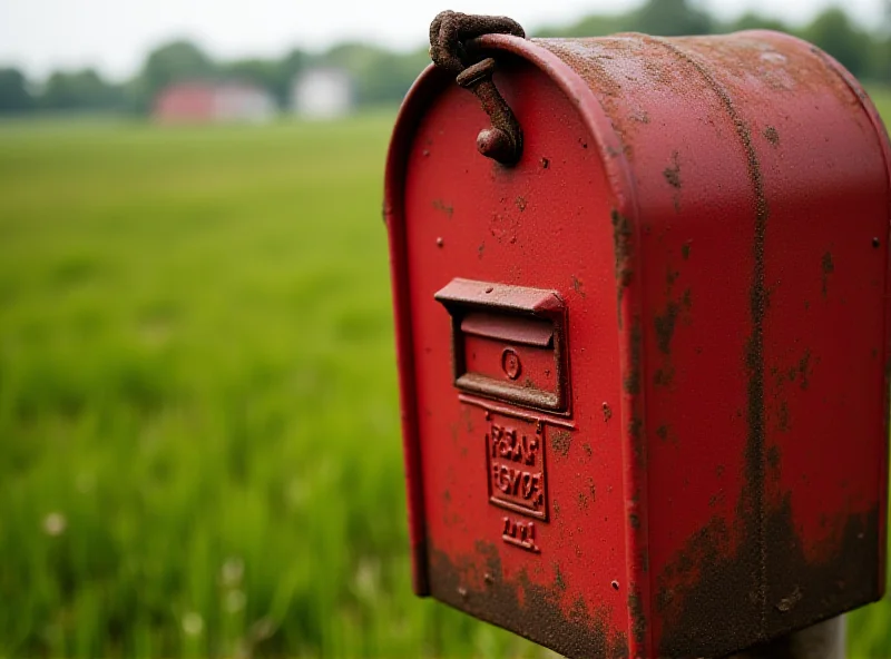 A close-up of a weathered, red Danish mailbox in a rural setting, with green fields in the background.