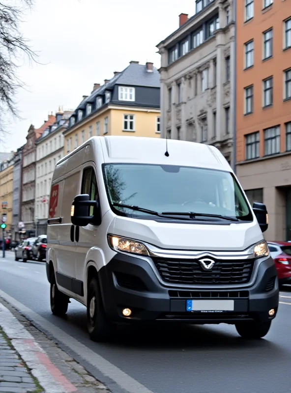 A modern delivery van with the PostNord logo driving down a city street in Copenhagen, Denmark.